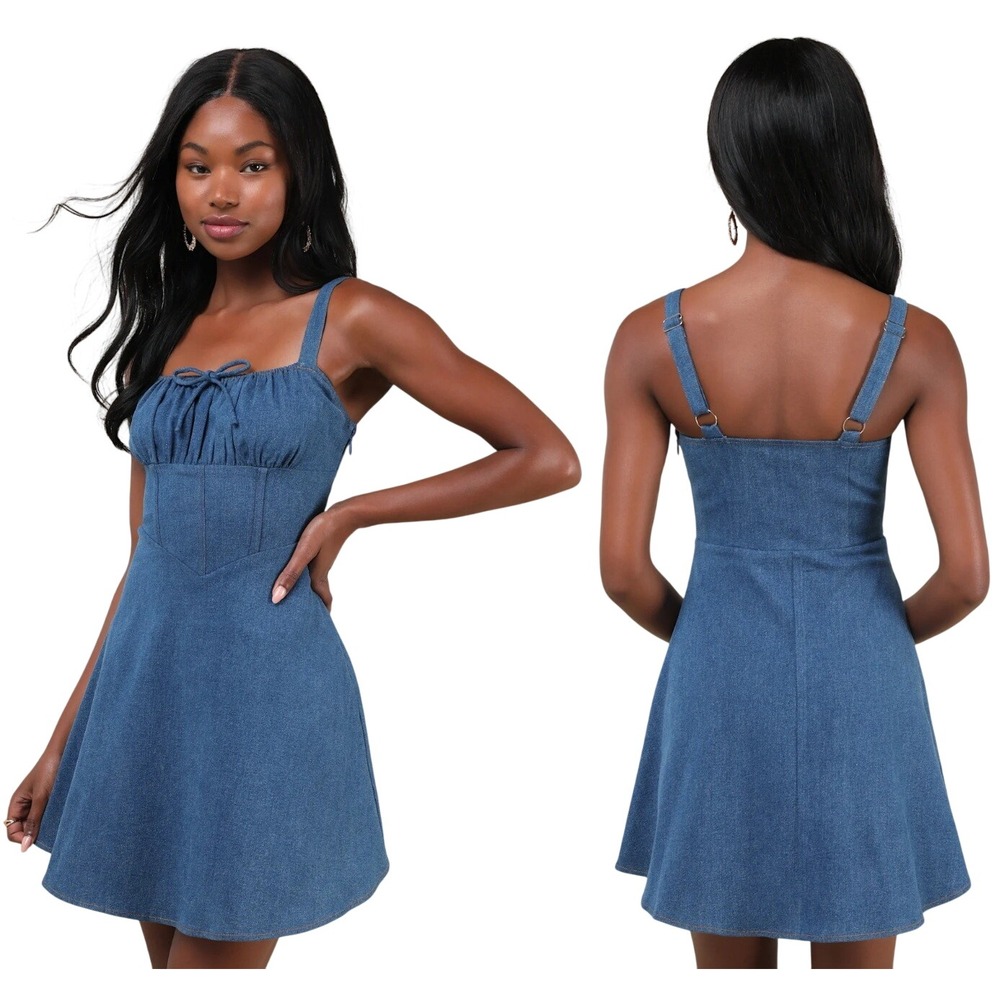 Lulus Considered Charisma Blue Chambray Bustier Mini Dress XL HD5162 NWT